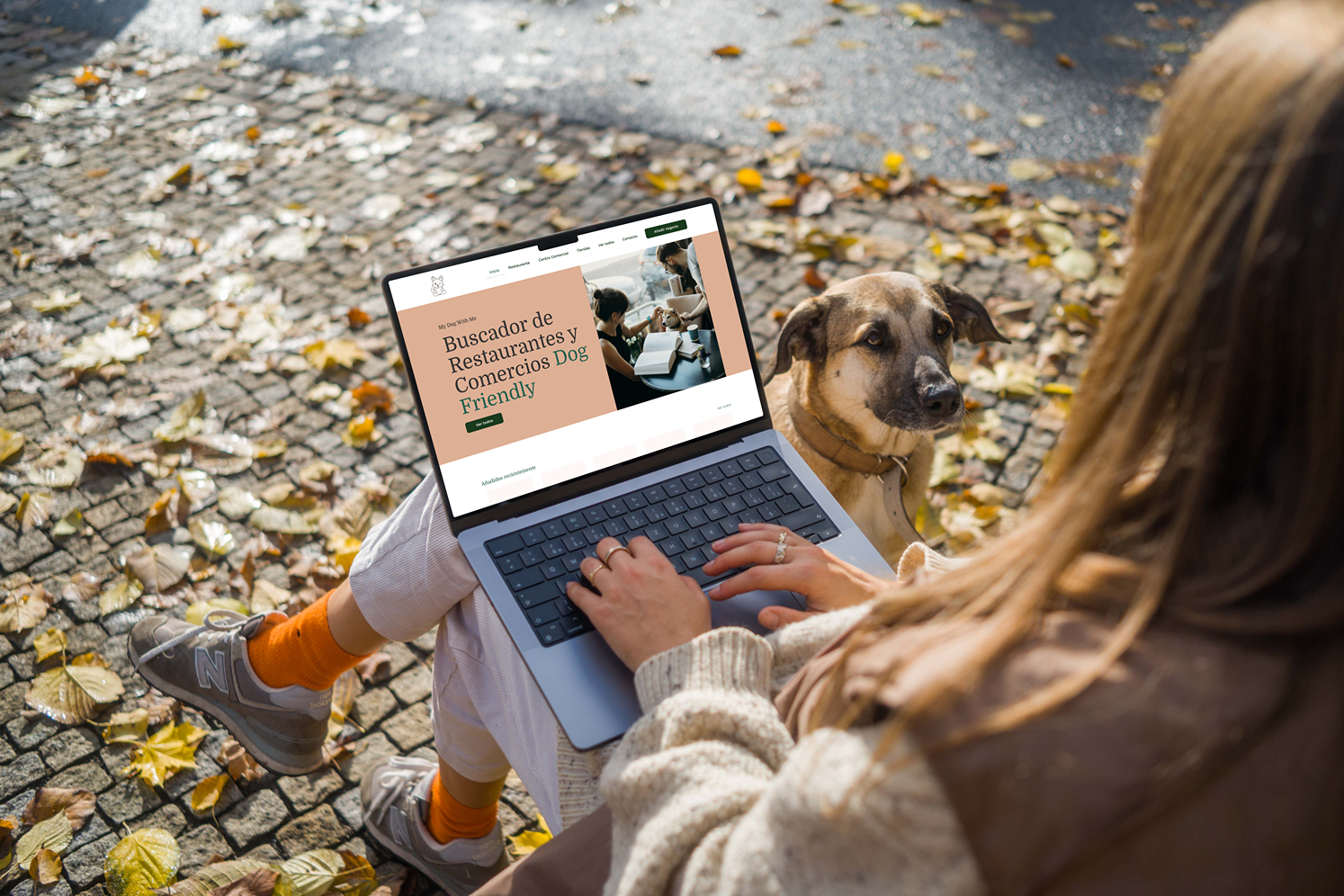 Mockuuups Woman Sitting Next To The Dog With A Macbook Pro 14 Mockup